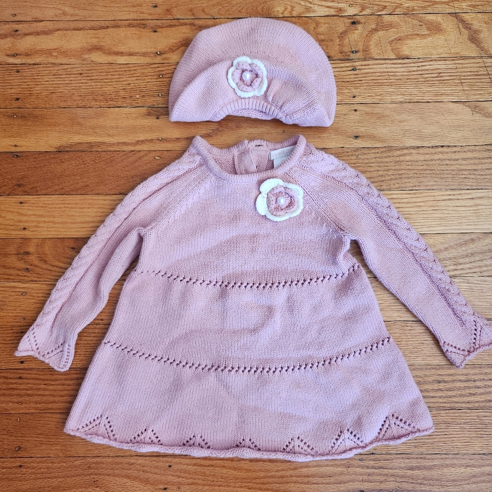 SHABBY CHIC Girls Soft Pink Flower Knit Dress with matching hat 6-9 months
